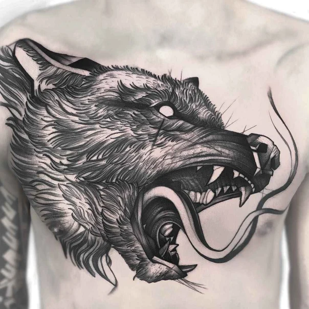 Blackwork Wolf, Animal tattoo on Chest