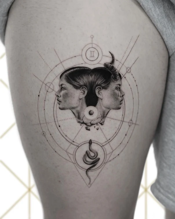 Black & Grey Zodiac, Snake tattoo on Thigh