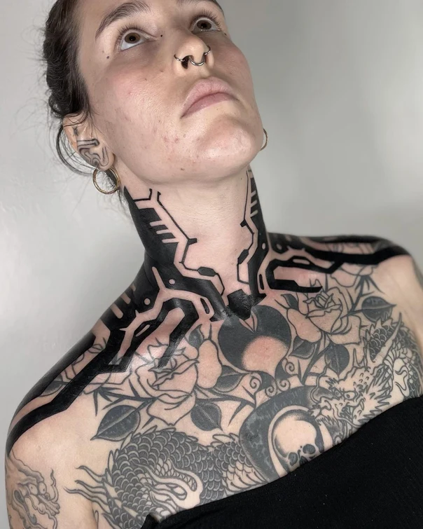 Blackwork Geometric, Floral tattoo on Neck