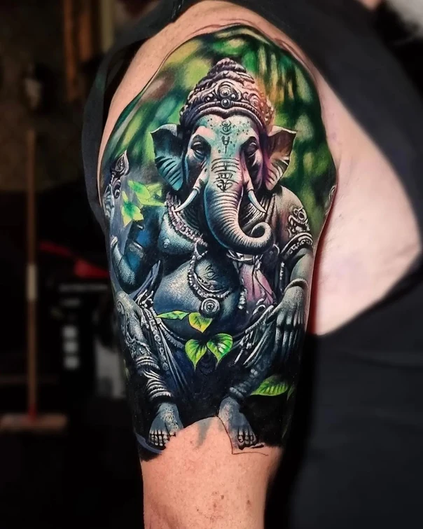 Realism Ganesha, Botanic tattoo on Full Sleeve