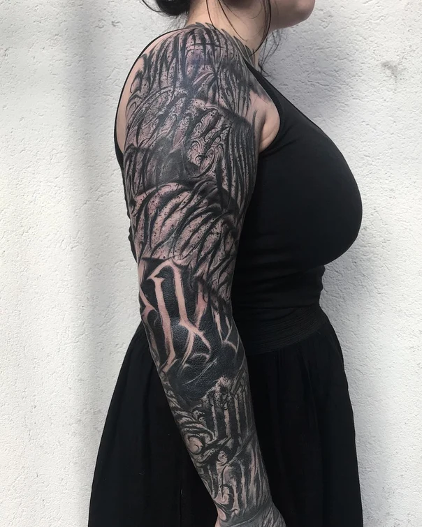 Blackwork Abstract, Lettering tattoo on Full Sleeve
