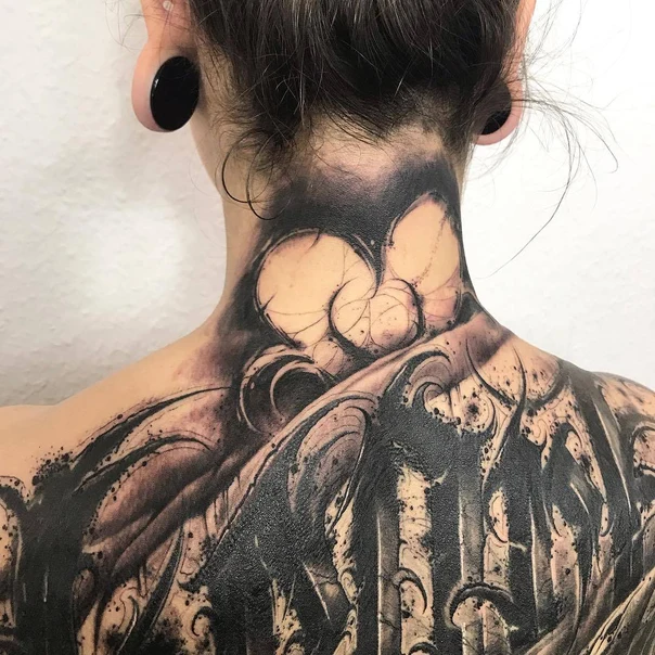 Blackwork Geometric shapes, Abstract design tattoo on Back of neck