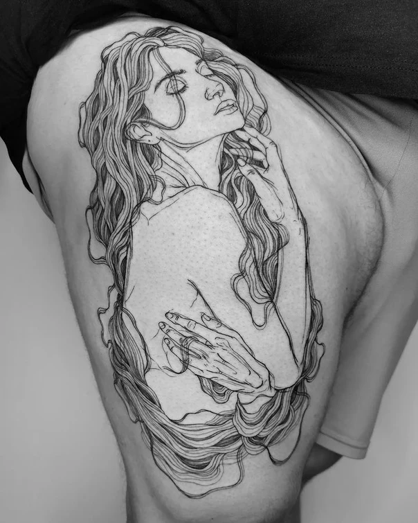 Linework Figure tattoo on Thigh