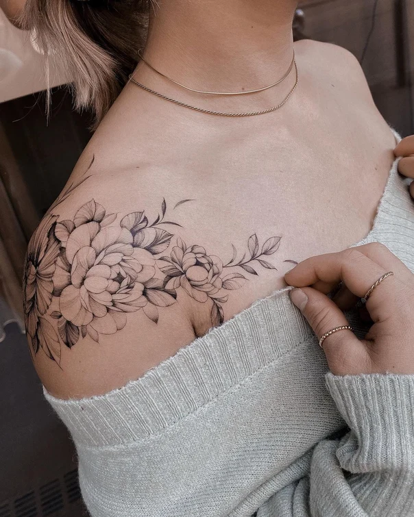 Botanic Flowers, Leaves tattoo on Shoulder