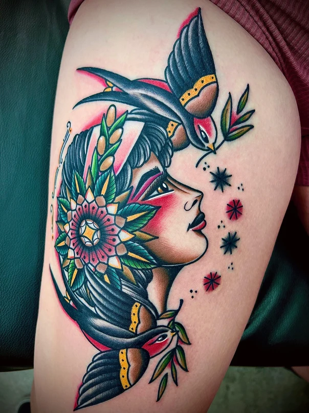 Neo Traditional Woman, Birds tattoo on Thigh