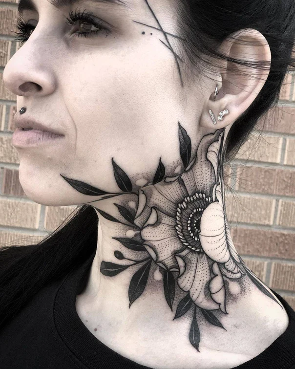 Blackwork Flower, Leaves tattoo on Neck