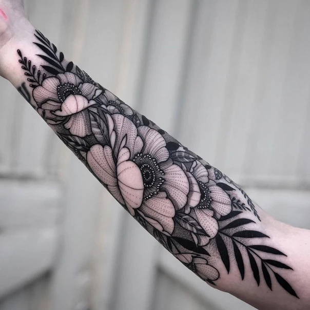 Botanic Flowers, Leaves tattoo on Forearm