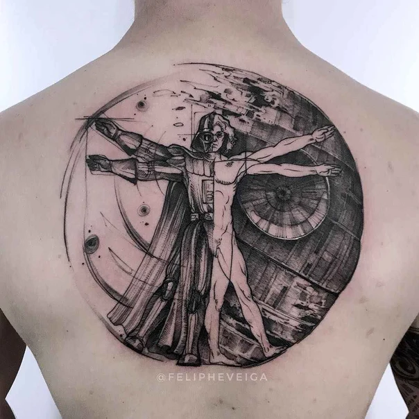 Blackwork Darth vader, Vitruvian man tattoo on Upper Back