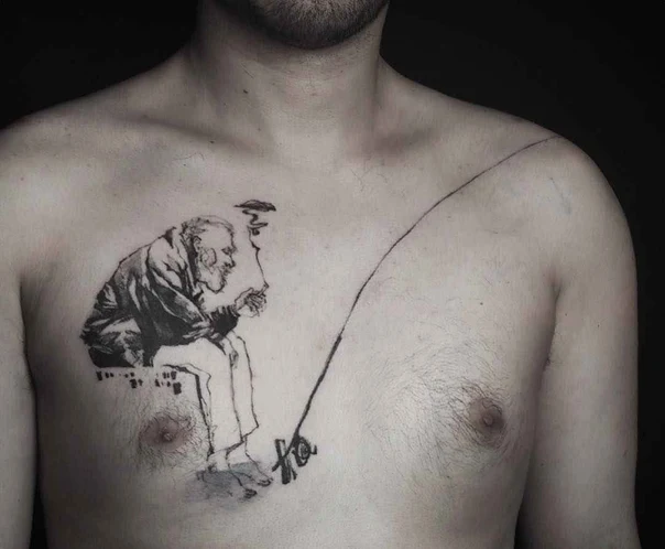 Sketch Figure, Fishing tattoo on Chest