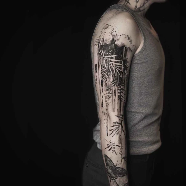 Blackwork Bamboo, Butterfly tattoo on Full Sleeve