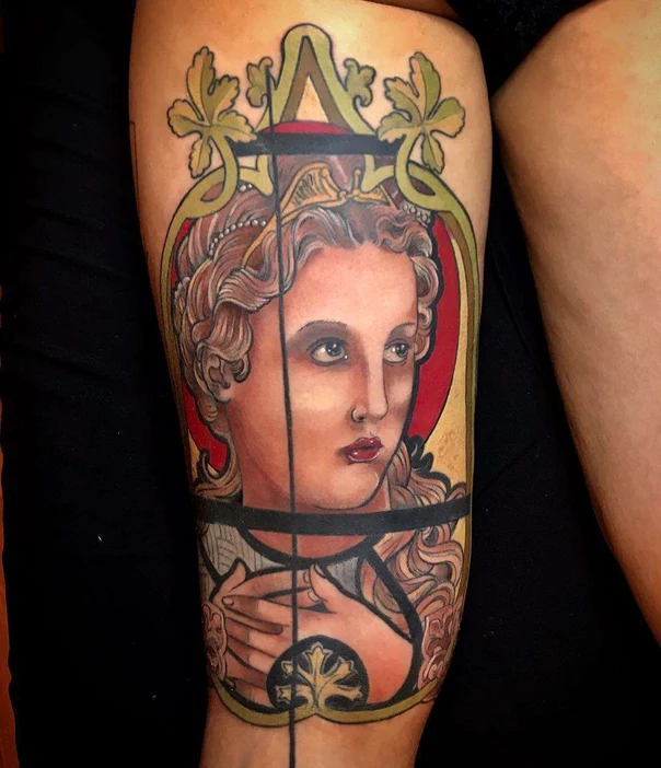 Illustrative Portrait, Floral tattoo on Thigh