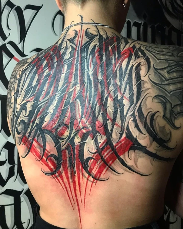 Calligraphy Lettering, Abstract tattoo on Upper Back