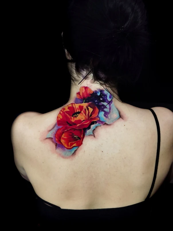 Watercolor Flowers, Galaxy tattoo on Upper Back