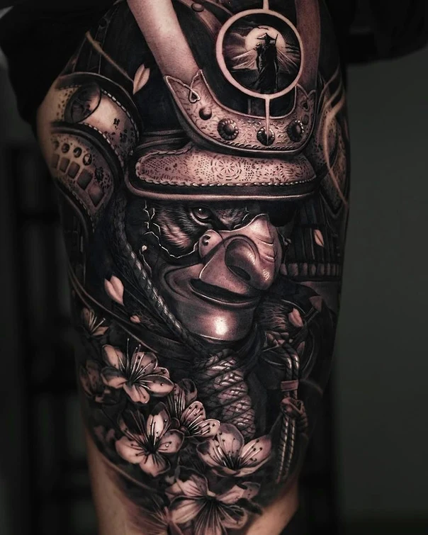 Black & Grey Samurai, Flowers tattoo on Thigh