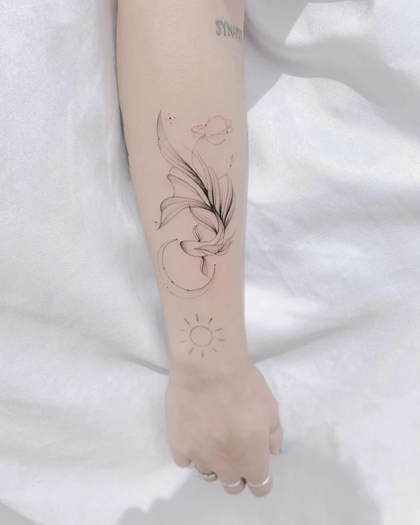 Fineline Floral, Celestial tattoo on Forearm