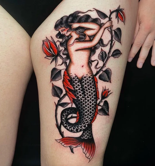 Traditional Mermaid, Botanic tattoo on Thigh