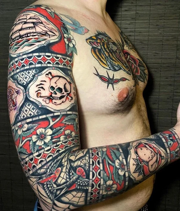 Traditional Skull, Ship tattoo on Full Sleeve