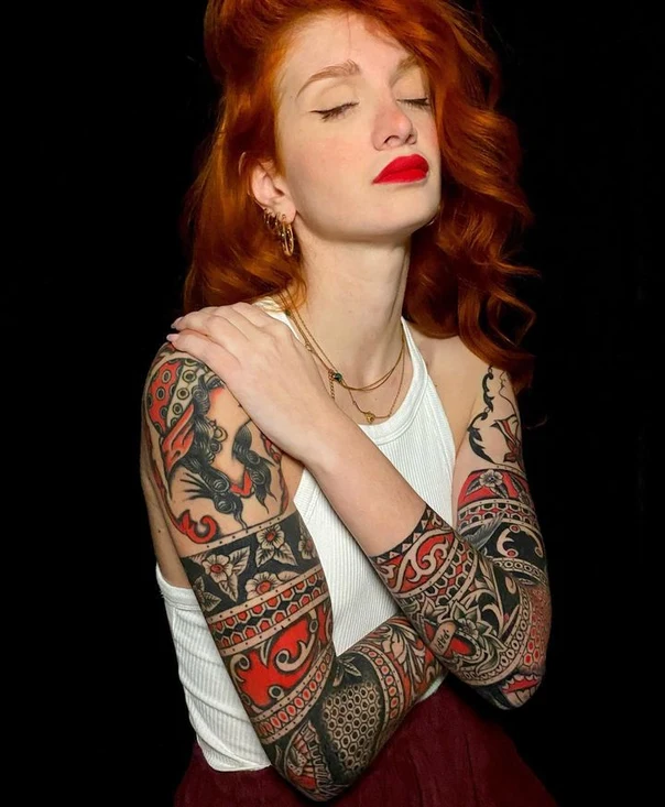 Traditional Floral, Geometric tattoo on Full Sleeve