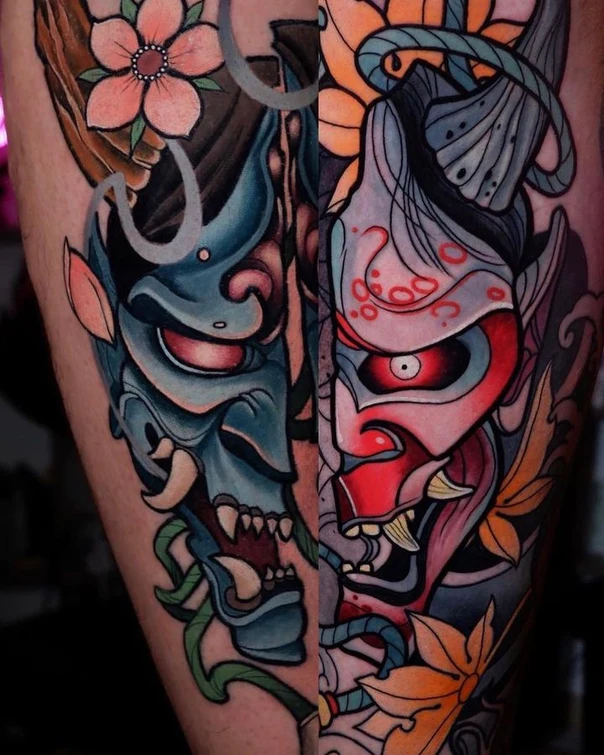 Japanese Mask, Flower tattoo on Forearm
