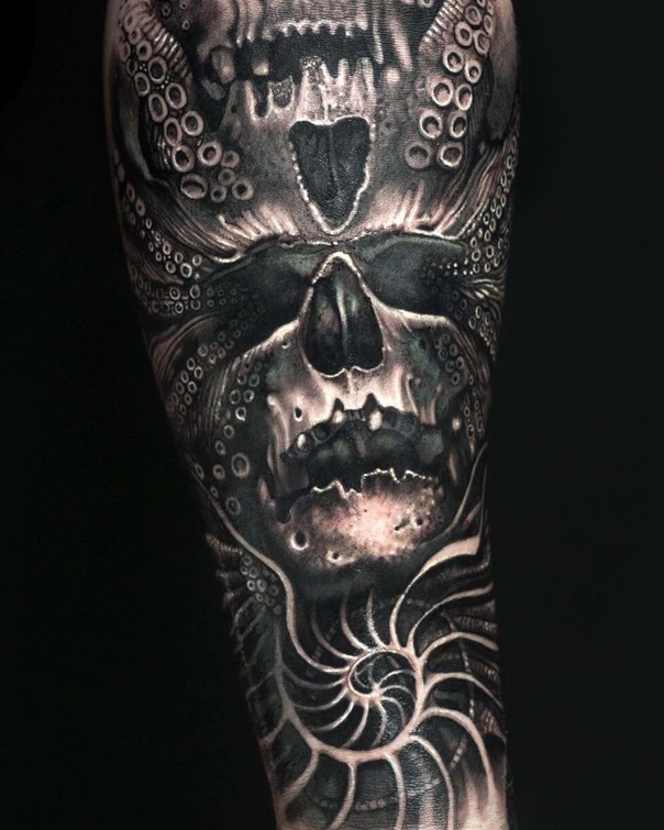 Biomechanical Skull, Tentacles tattoo on Forearm