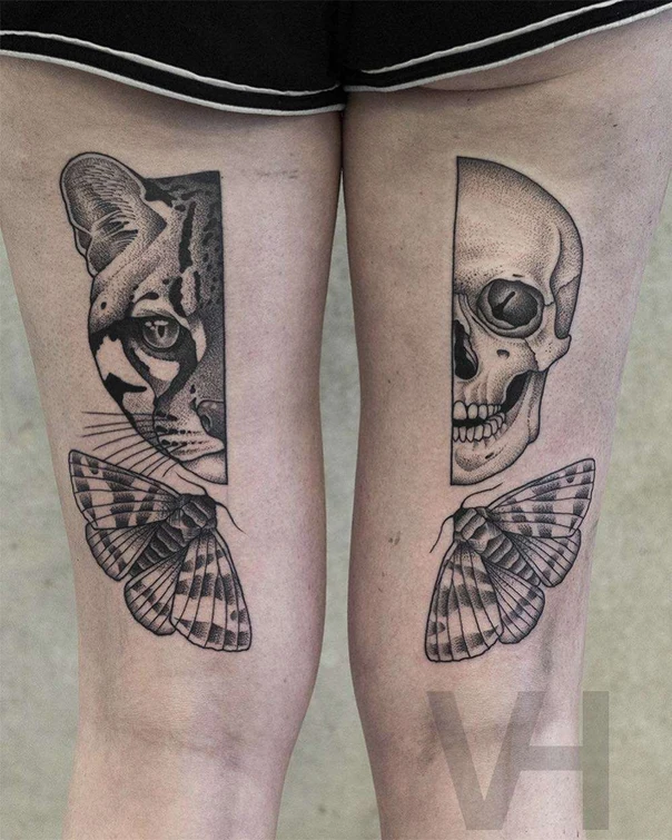 Blackwork Skull, Cat tattoo on Thigh