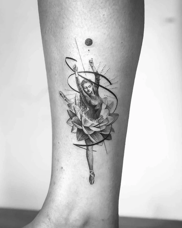 Black & Grey Ballerina, Lotus tattoo on Calf