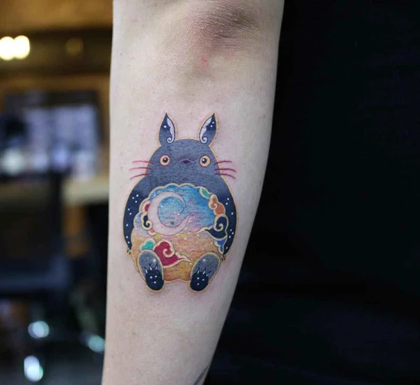 Anime Totoro, Moon tattoo on Forearm