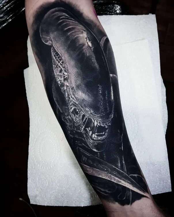 Black & Grey Alien, Xenomorph tattoo on Forearm