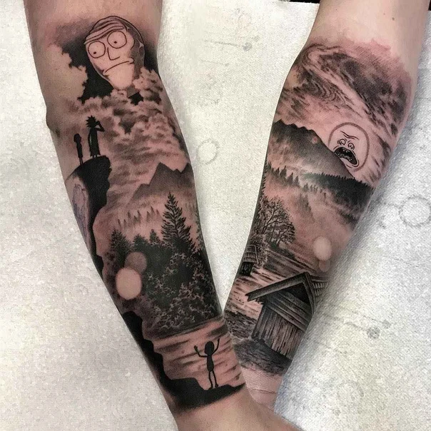 Black & Grey Landscape, Cartoon tattoo on Forearm