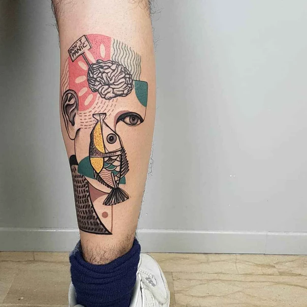Abstract Fish, Brain tattoo on Calf