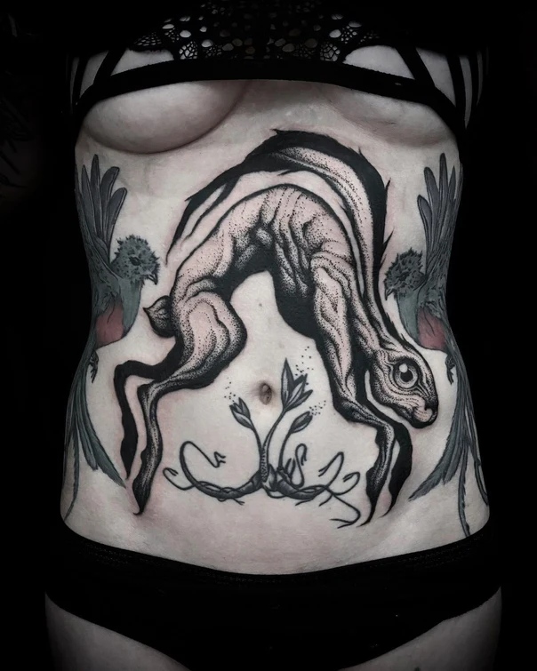 Blackwork Hare, Birds tattoo on Stomach