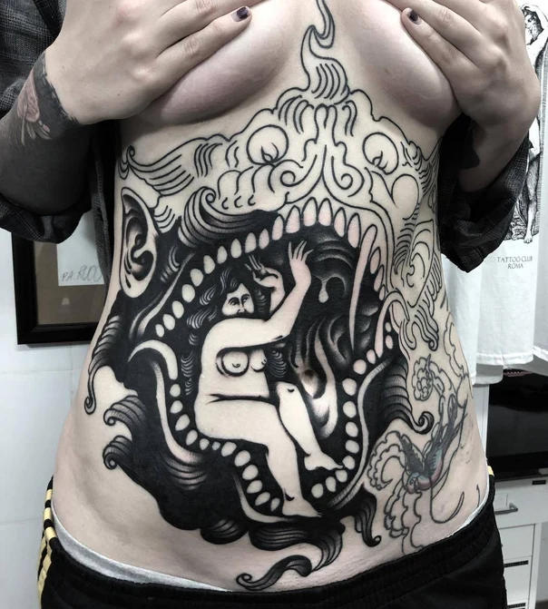 Blackwork Figure, Abstract tattoo on Stomach