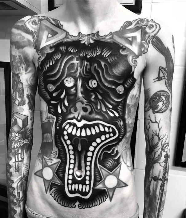Blackwork Face, Stars tattoo on Chest