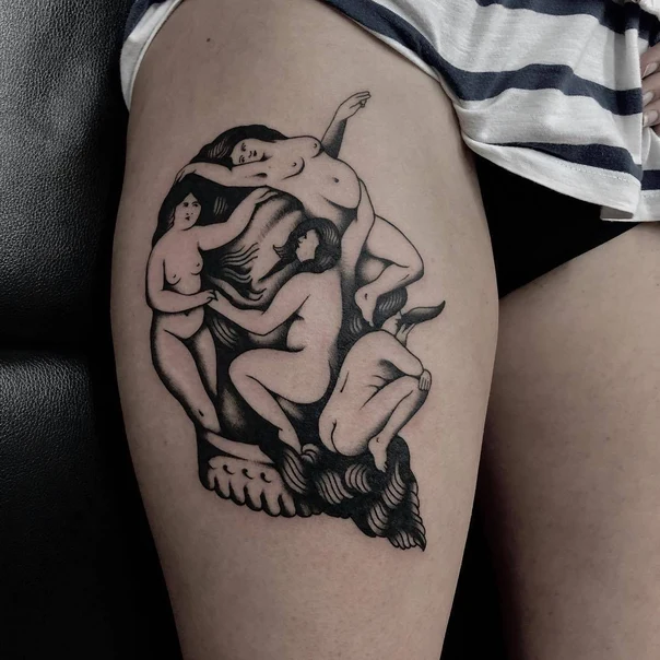 Blackwork Figures tattoo on Thigh