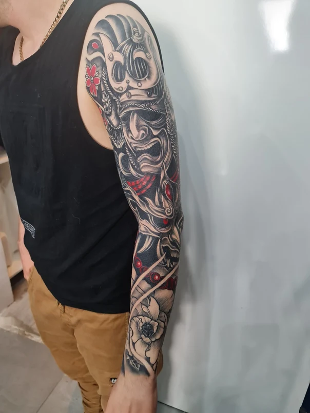 Japanese Samurai, Flower tattoo on Full Sleeve