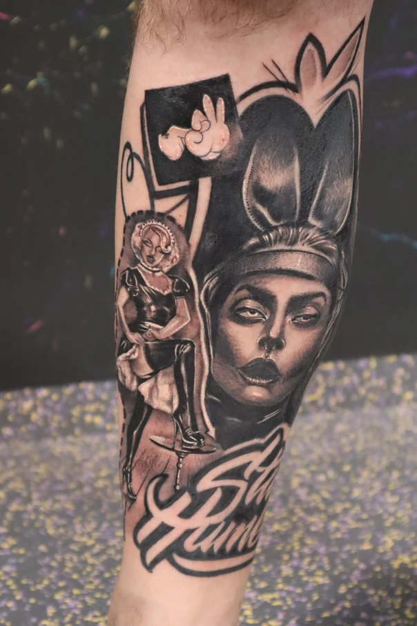 Black & Grey Pin-up, Bunny tattoo on Forearm