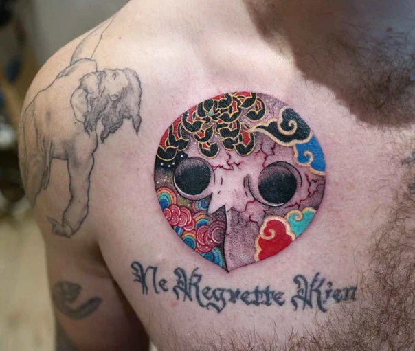 Illustrative Skull, Clouds tattoo on Chest