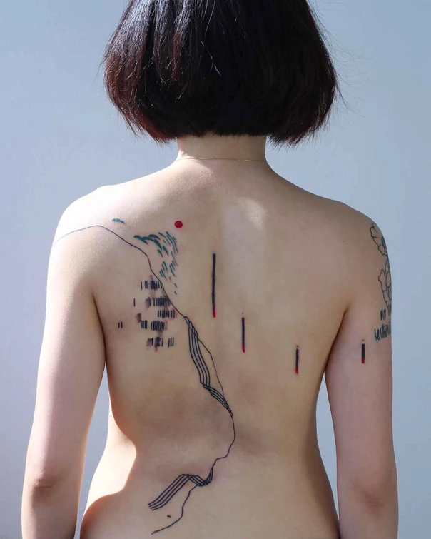 Linework Geometric, Landscape tattoo on Upper Back