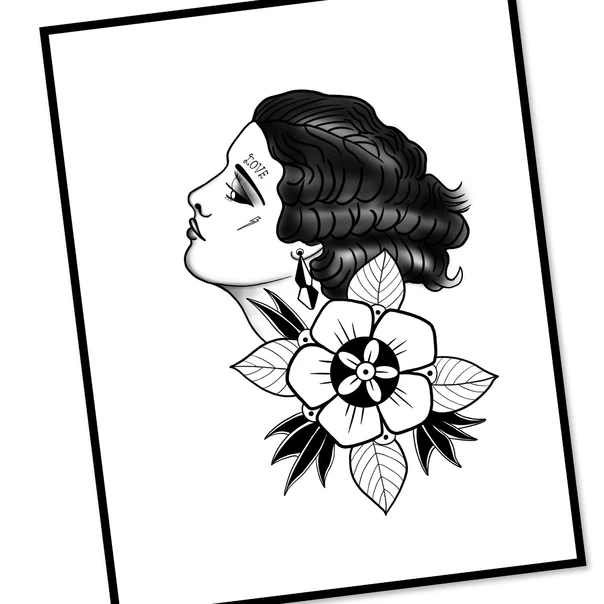 Traditional Flower, Portrait tattoo on Back of neck