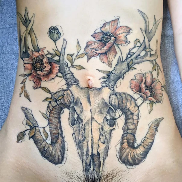Illustrative Skull, Flowers tattoo on Stomach