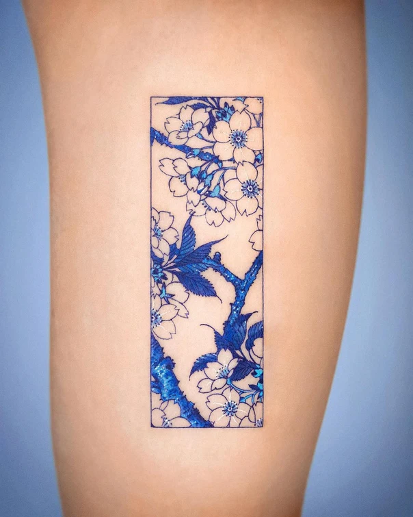 Botanic Flowers, Branches tattoo on Thigh