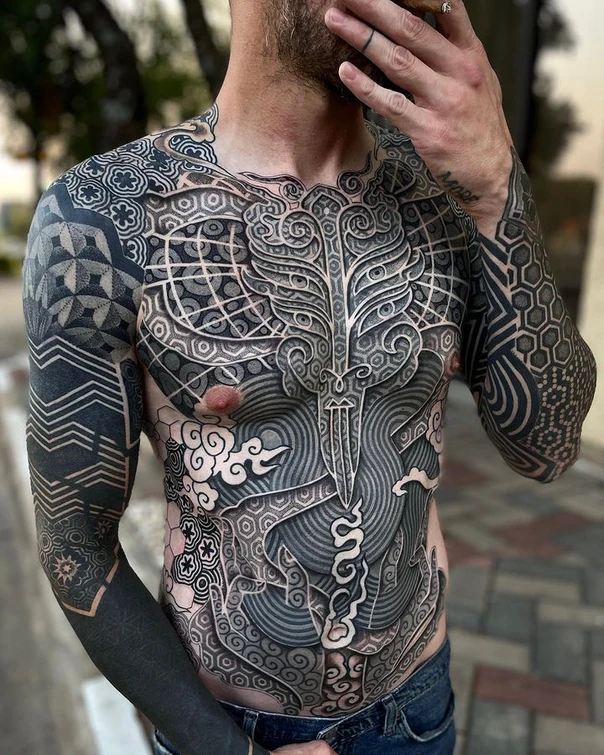 Blackwork Geometric, Abstract tattoo on Chest