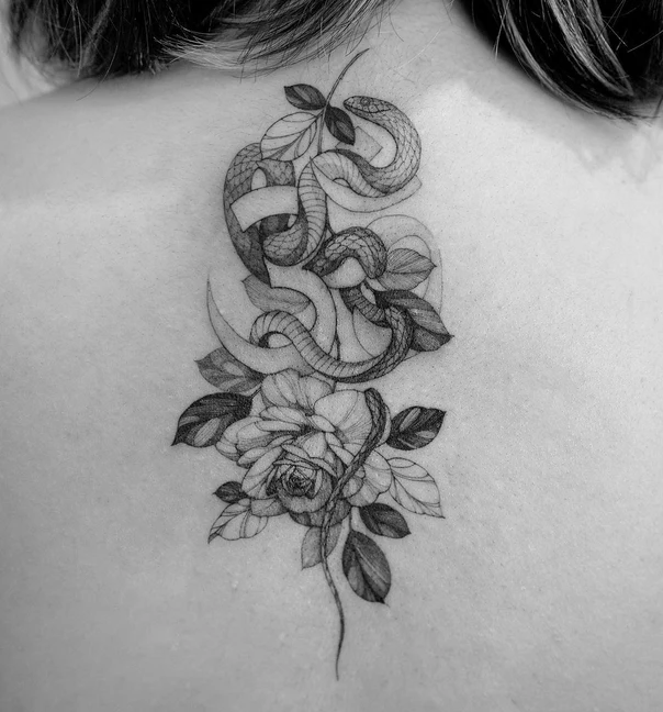 Blackwork Snake, Rose tattoo on Upper Back