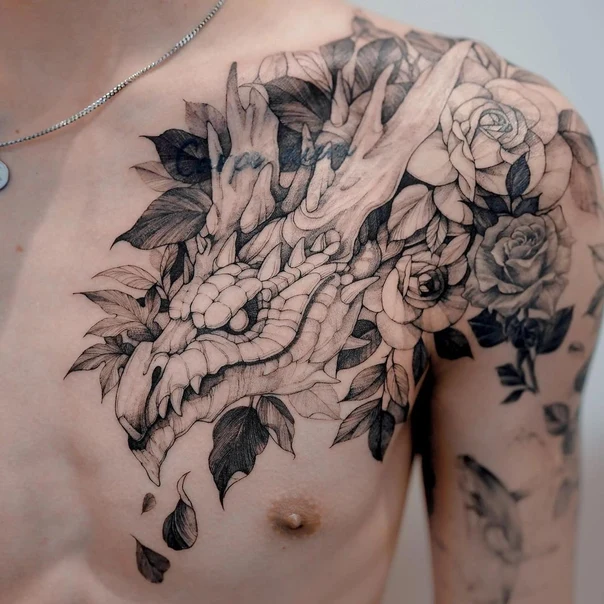 Black & Grey Dragon, Roses tattoo on Chest