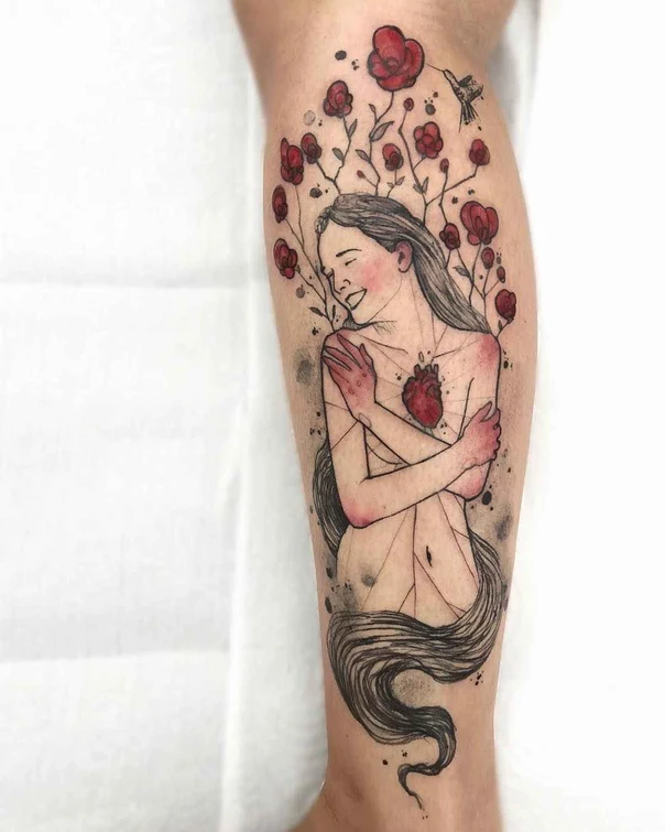 Illustrative Woman, Flowers tattoo on Calf