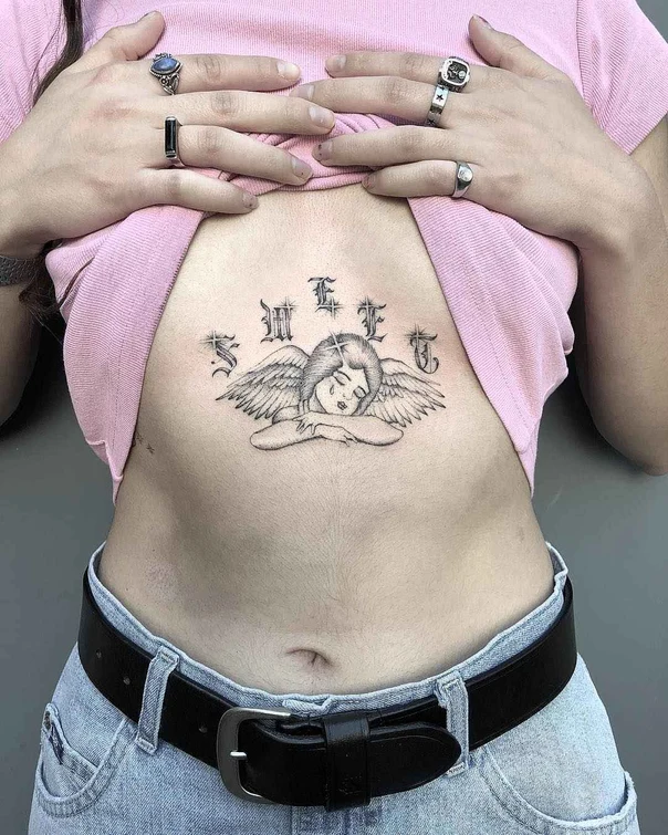 Blackwork Angel, Lettering tattoo on Stomach