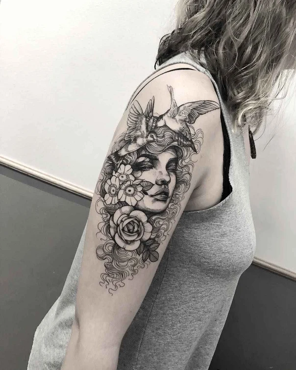 Blackwork Portrait, Flowers tattoo on Upper Arm