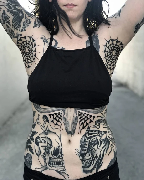 Blackwork Skull, Tiger tattoo on Stomach