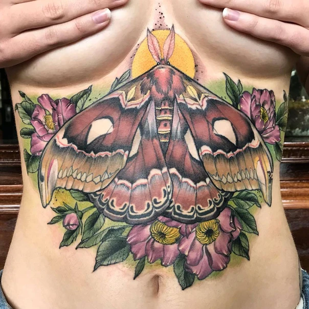 Illustrative Moth, Flowers tattoo on Stomach