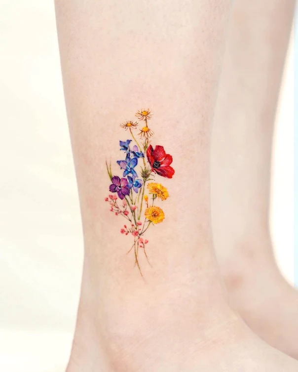 Botanic Flowers, Bouquet tattoo on Ankle